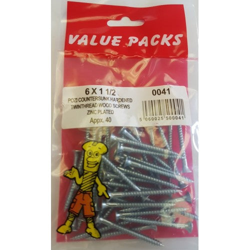 6 X 1 1/2'' Pozi Csk Hardened Twinthread Woodscrews Zinc 40 Per Pack 6 X 1 1/2'' Pozi Csk Hardened Twinthread Woodscrews Zinc 40 Per Pack